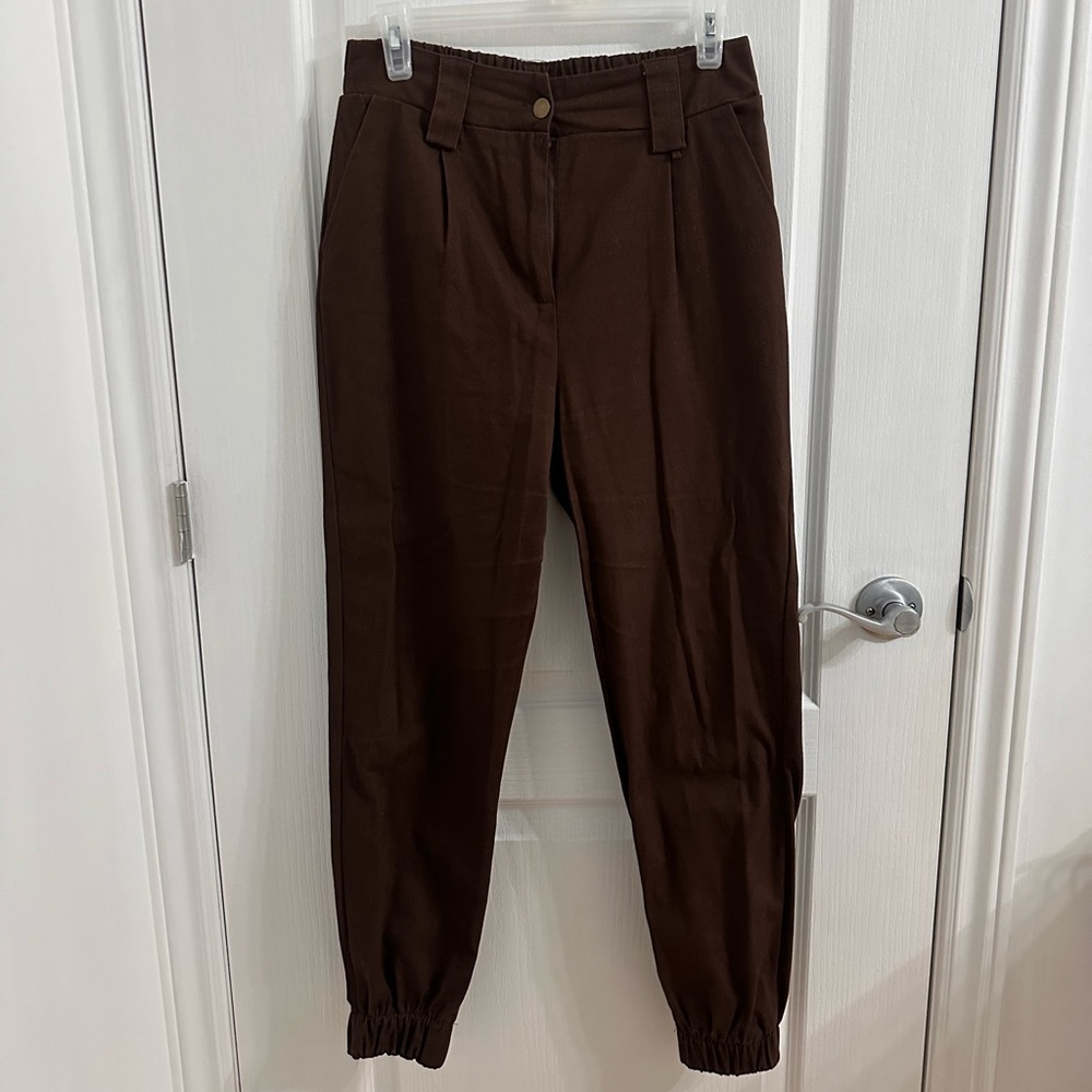 Women's Brown Elastic-Cuff Tapered Pants